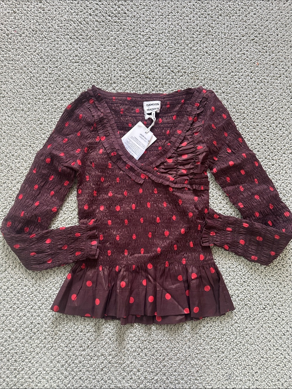 Damson Madder shirred smocked brown red polka dot peplum top XS